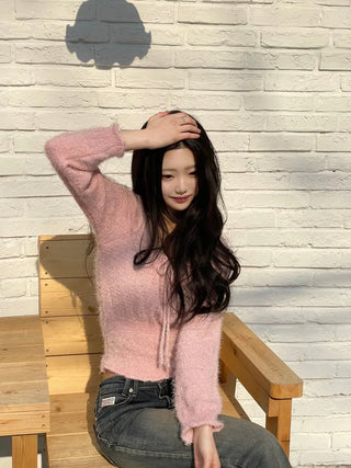 Fairy pine needle square neck ribbon shirring long sleeve knit