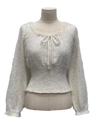 Fairy pine needle square neck ribbon shirring long sleeve knit
