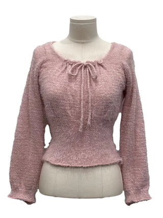 Fairy pine needle square neck ribbon shirring long sleeve knit