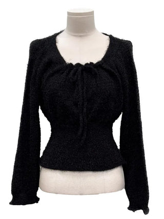 Fairy pine needle square neck ribbon shirring long sleeve knit