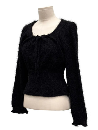 Fairy pine needle square neck ribbon shirring long sleeve knit