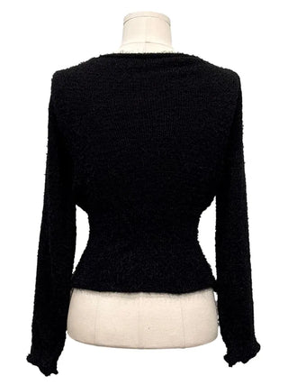 Fairy pine needle square neck ribbon shirring long sleeve knit