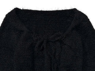 Fairy pine needle square neck ribbon shirring long sleeve knit