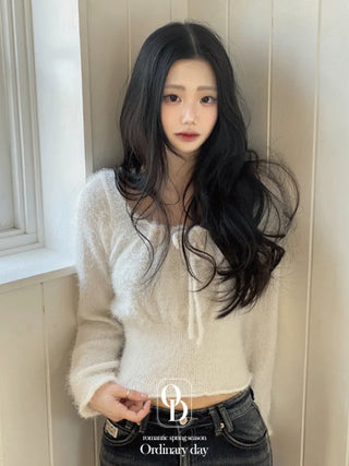 Fairy pine needle square neck ribbon shirring long sleeve knit