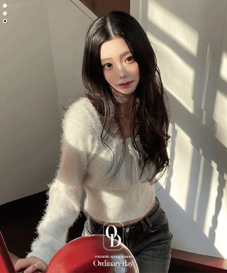 Fairy pine needle square neck ribbon shirring long sleeve knit
