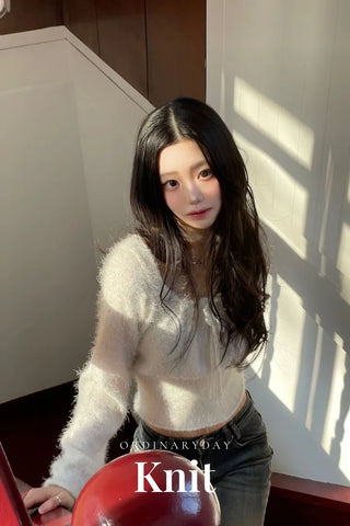 Fairy pine needle square neck ribbon shirring long sleeve knit