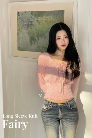 Fairy pine needle square neck ribbon shirring long sleeve knit