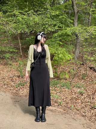 Casey shirring side-slit sleeveless bustier long one-piece dress