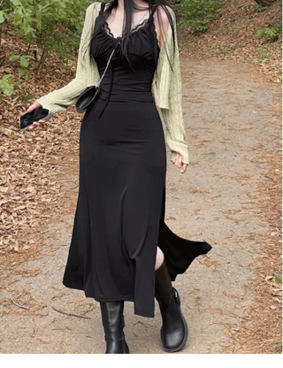 Casey shirring side-slit sleeveless bustier long one-piece dress