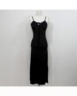 Casey shirring side-slit sleeveless bustier long one-piece dress