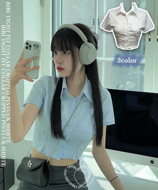 Vivi tight fit collar crop pintuck shirt