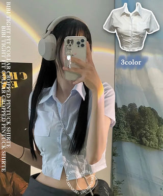 Vivi tight fit collar crop pintuck shirt