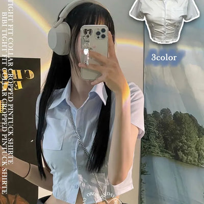 Vivi tight fit collar crop pintuck shirt