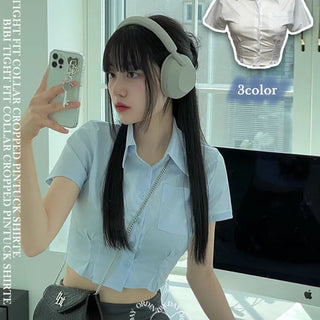 Vivi tight fit collar crop pintuck shirt