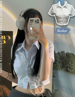 Vivi tight fit collar crop pintuck shirt