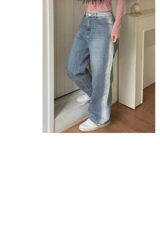 Roti Side Sand Washed Loose Wide Denim Long Pants