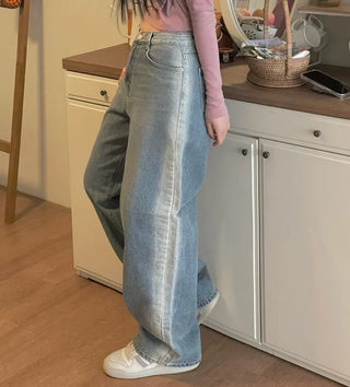Roti Side Sand Washed Loose Wide Denim Long Pants