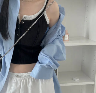 pin tuck cut bone t-shirt button sleeveless nasi