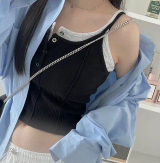 pin tuck cut bone t-shirt button sleeveless nasi