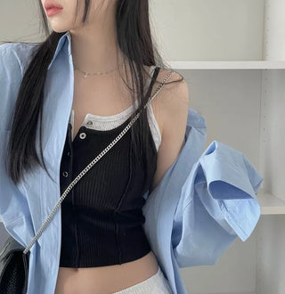 pin tuck cut bone t-shirt button sleeveless nasi