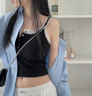 pin tuck cut bone t-shirt button sleeveless nasi