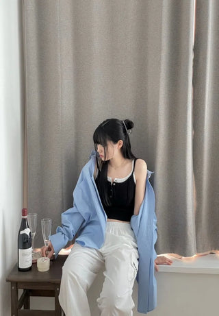 pin tuck cut bone t-shirt button sleeveless nasi