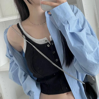pin tuck cut bone t-shirt button sleeveless nasi