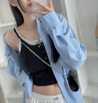 pin tuck cut bone t-shirt button sleeveless nasi