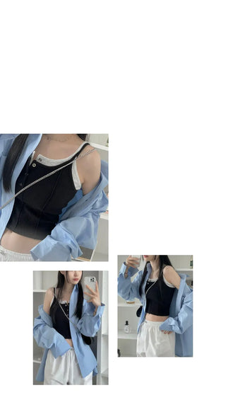 pin tuck cut bone t-shirt button sleeveless nasi