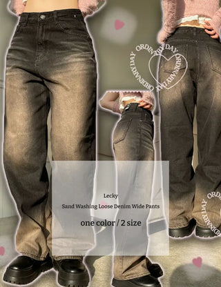 Leki Sand Washed Loose Denim Wide Pants