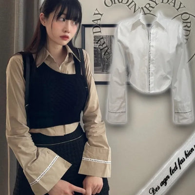 cotton lettering cuffs rolled crop shirt