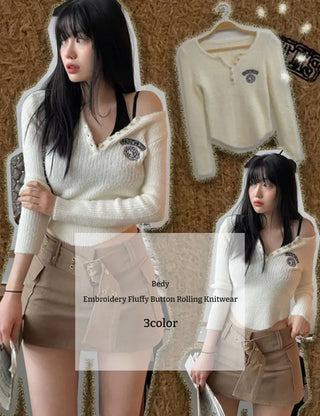 Bedi Embroidered Fluffy Button-Up Knit