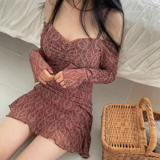 tube ethnic flare shirring off-shoulder mini dress