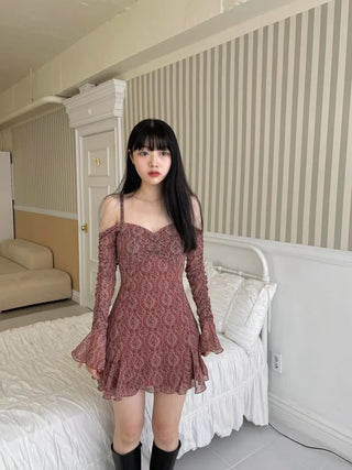 tube ethnic flare shirring off-shoulder mini dress