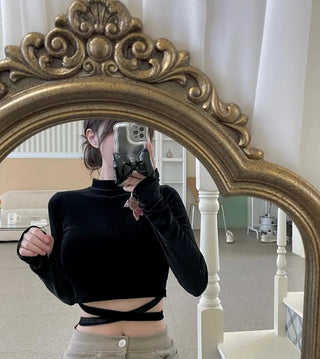 Velour X-string Ribbon Strap Warmer Long Sleeve Crop Top