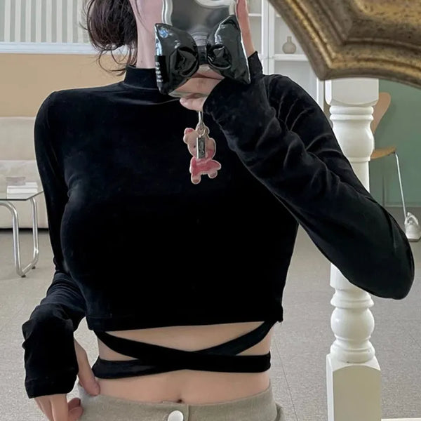 Velour X-string Ribbon Strap Warmer Long Sleeve Crop Top