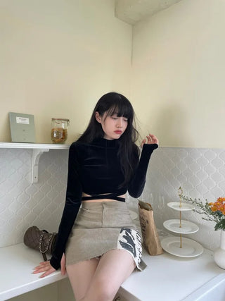 Velour X-string Ribbon Strap Warmer Long Sleeve Crop Top