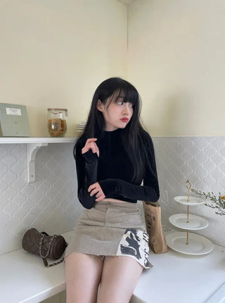 Velour X-string Ribbon Strap Warmer Long Sleeve Crop Top