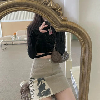 Velour X-string Ribbon Strap Warmer Long Sleeve Crop Top