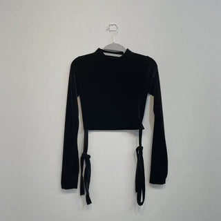 Velour X-string Ribbon Strap Warmer Long Sleeve Crop Top
