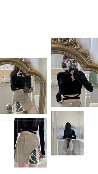 Velour X-string Ribbon Strap Warmer Long Sleeve Crop Top