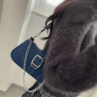 Nia Two-Way Denim Stitch Chain Mini Hobo Shoulder Bag in