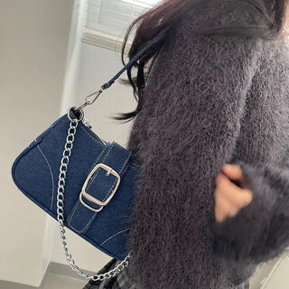 Nia Two-Way Denim Stitch Chain Mini Hobo Shoulder Bag in