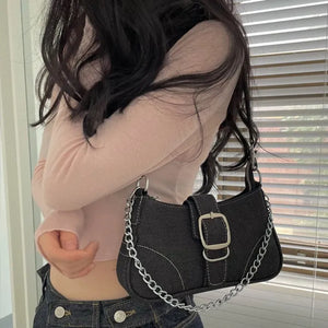 Nia Two-Way Denim Stitch Chain Mini Hobo Shoulder Bag in