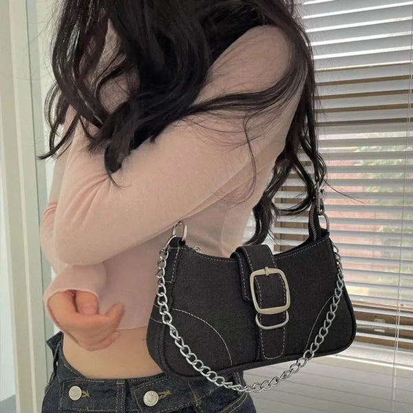 Nia Two-Way Denim Stitch Chain Mini Hobo Shoulder Bag in