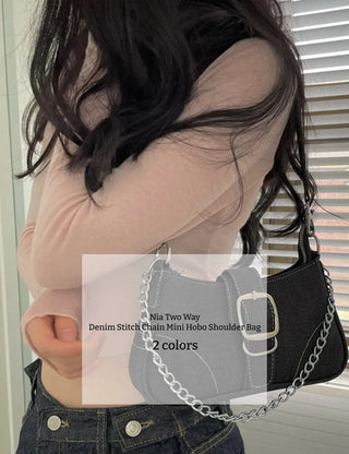 Nia Two-Way Denim Stitch Chain Mini Hobo Shoulder Bag in