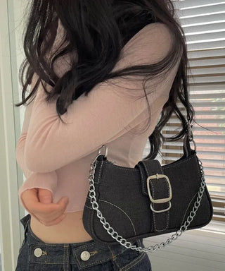 Nia Two-Way Denim Stitch Chain Mini Hobo Shoulder Bag in