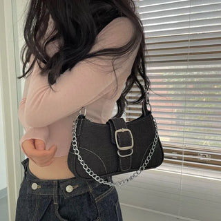 Nia Two-Way Denim Stitch Chain Mini Hobo Shoulder Bag in