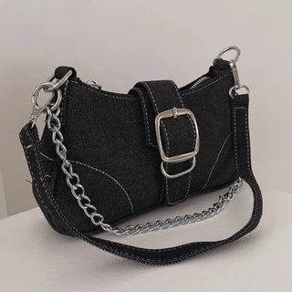 Nia Two-Way Denim Stitch Chain Mini Hobo Shoulder Bag in