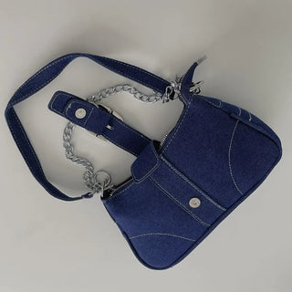 Nia Two-Way Denim Stitch Chain Mini Hobo Shoulder Bag in